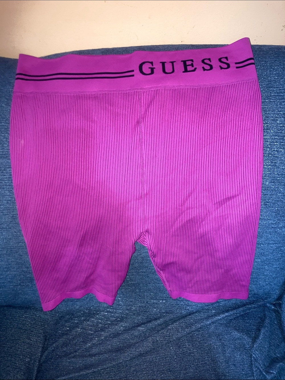 GUESS Ribbed High-Waist Bike Shorts — Magenta